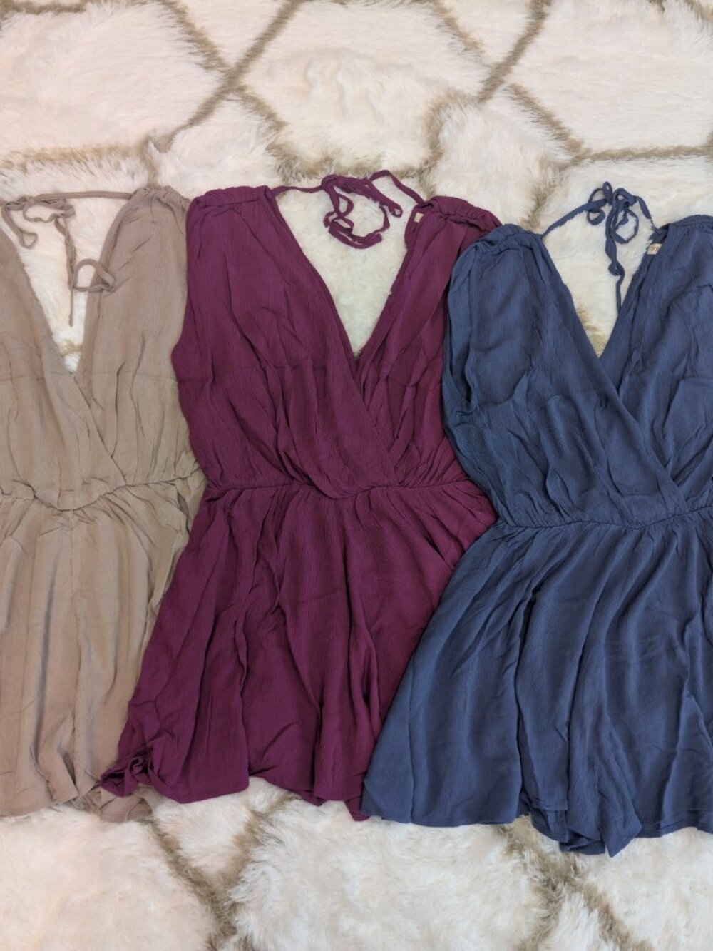 Zenana Outfitters Sleeveless V-Neck Rompers in Beige, Plum & Slate Blue